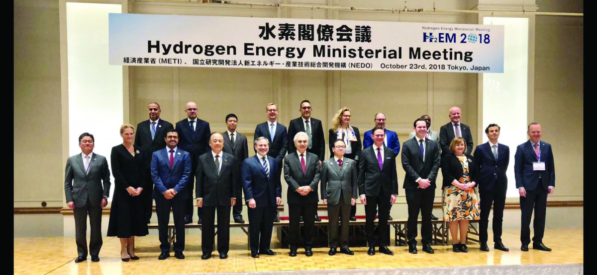 Minister of Energy and Industry H E Dr Mohammed bin Saleh Al Sada (third left) with distinguished guests on the sidelines of 12th meeting of Qatar-Japan Joint Economic Committee in Tokyo yesterday.