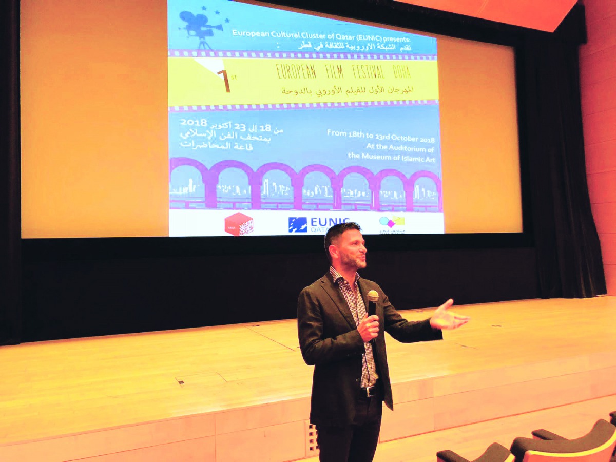 Italian Ambassador Pasquale Salzano speaks before the screening of “L’intrepido: A Lonely Hero” at the Museum of Islamic Art (MIA) Auditorium on Monday.