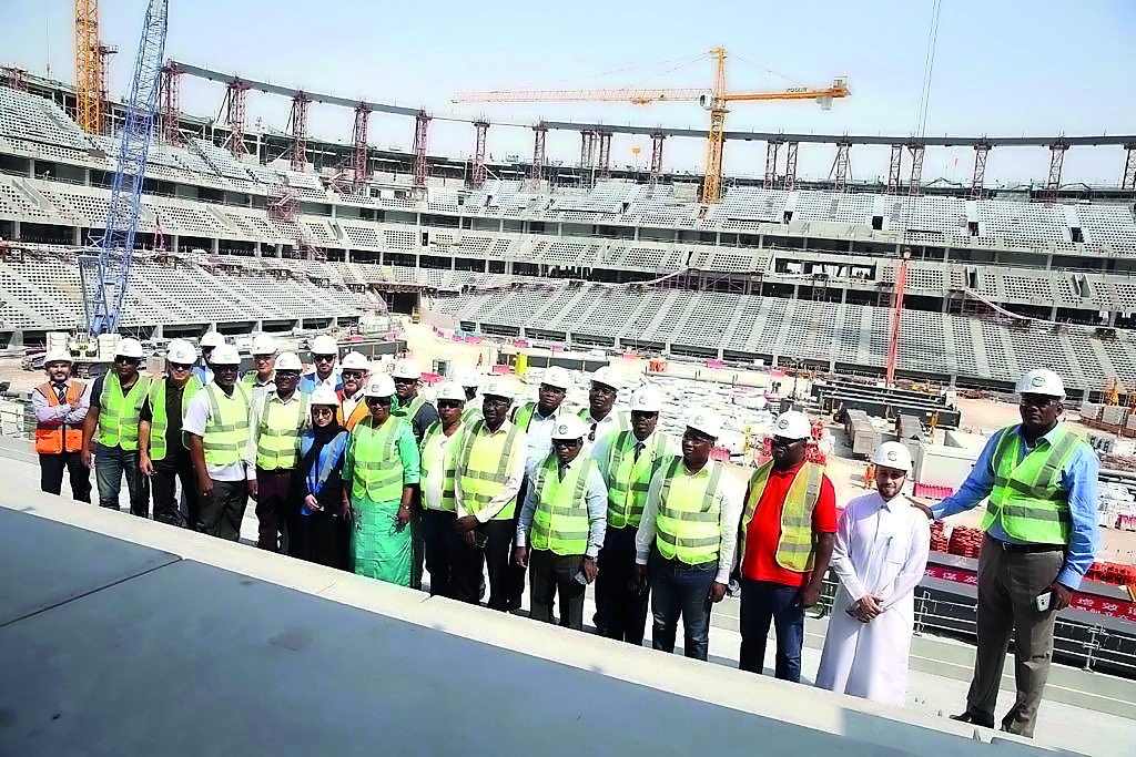 The visiting Confederation of African Football (CAF)  delegation and Qatar Football Association officials at the Education City Stadium construction site yesterday. 