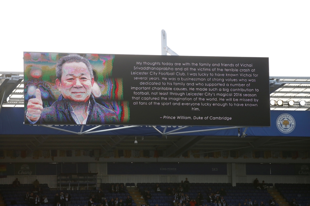General view of a message from Britain's Prince William displayed in the stadium in memory of Leicester City's late owner Thai businessman Vichai Srivaddhanaprabha. Reuters/Craig Brough