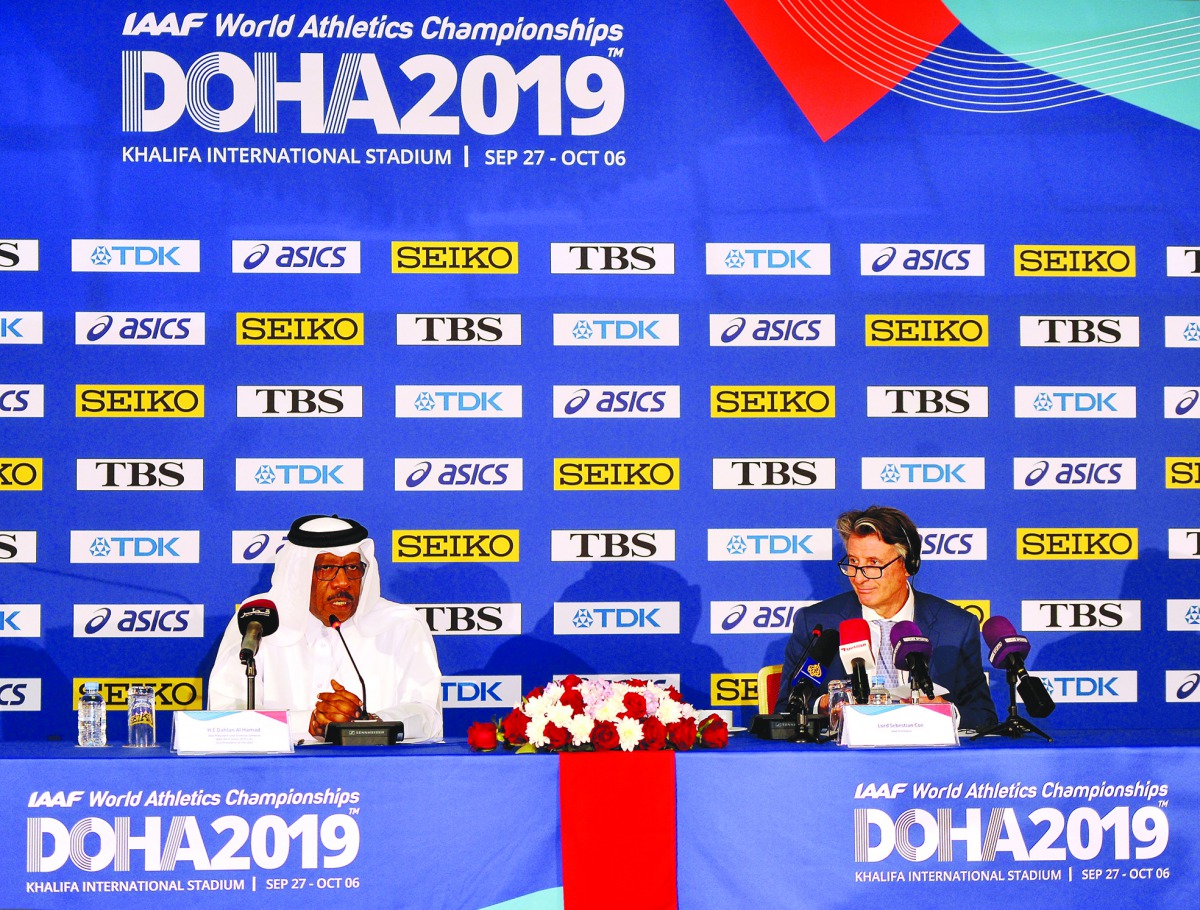 Dahlan Al Hamad (left), Director-General of the Local Organising Committee and Vice-President of the IAAF (left) and Lord Sebastian Coe, IAAF President addressing the media during a press conference held in Doha yesterday. Pic: Abdul Basit / The Peninsula