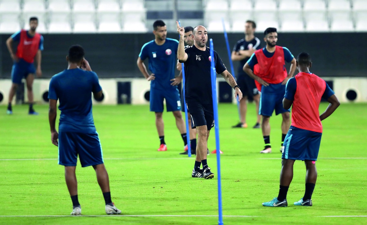 Qatar coach Felix Sanchez gestures during a training session in this file photo.