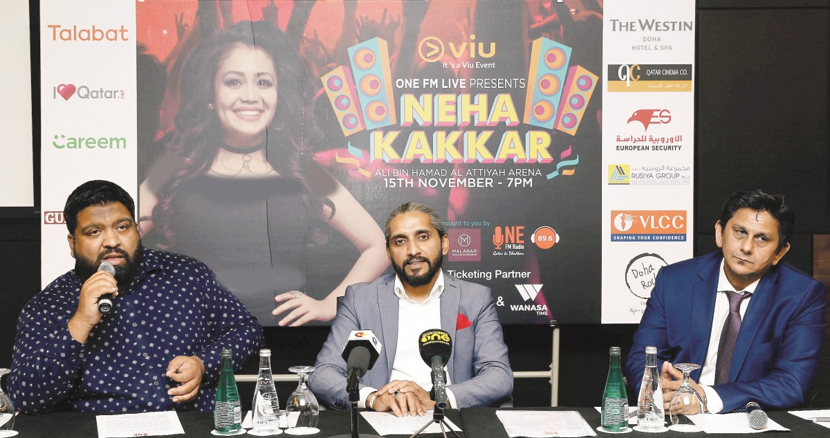 Naveed Abdulla (centre), CEO of ONE FM 89.6; Jassim Mohammed (left), CEO of Red Apple Events & Media Event Manager; and Assad Khan, Head of Marketing, Qatar Cinema & Distribution Company, addressing the media during the press conference at The Westin Doha