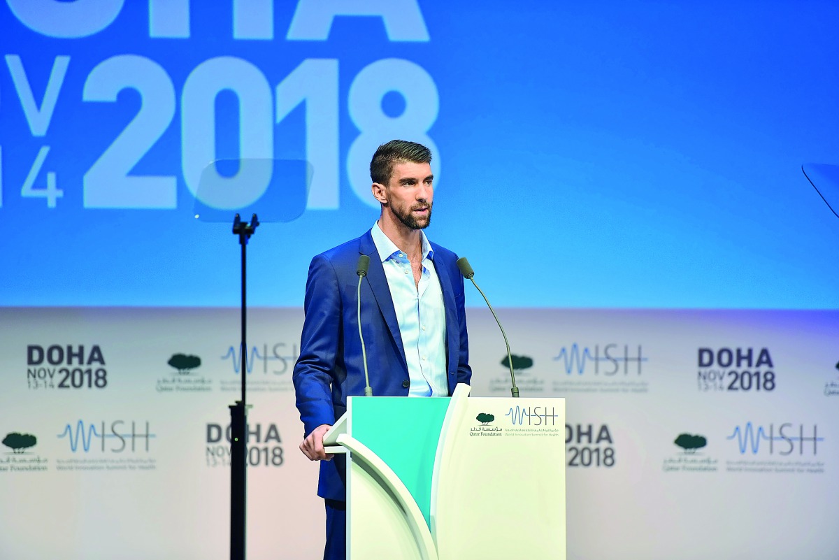 American swimming legend Michael Phelps addressing the World Innovation Summit for Health (WISH) at the  Qatar National Convention Center in Doha yesterday.
