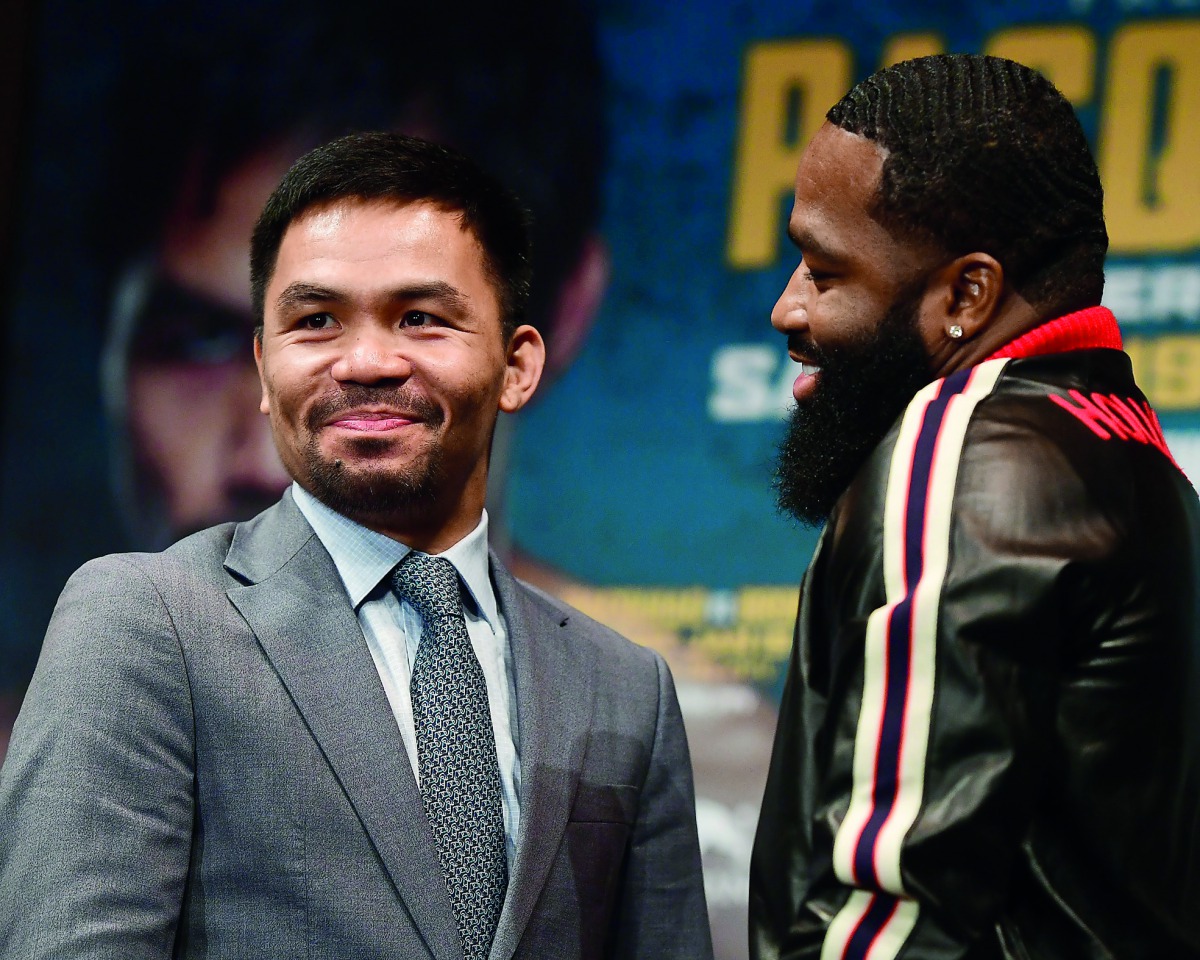 Manny Pacquiao (L) and Adrien Broner face off during a press conference at Gotham Hall in preparation for their upcoming match on November 19, 2018 in New York City. The match is set to take place on January 19, 2019 in Las Vegas. Sarah Stier/Getty Images