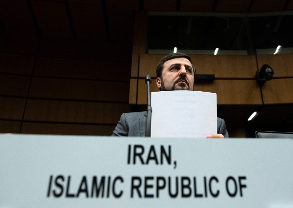 Iran's representative to the International Atomic Energy Agency (IAEA), Kazem Gharib Abadi takes part in a meeting of IAEA Board of Governors on November 22, 2018 at the agency's headquarters in Vienna, Austria. / AFP / JOE KLAMAR