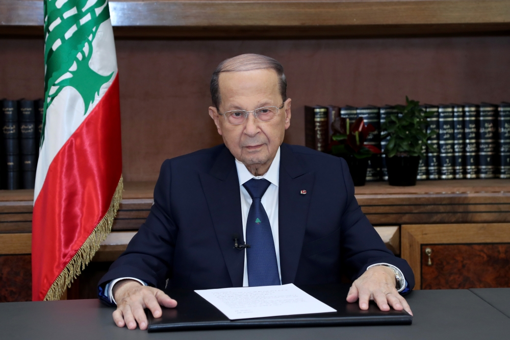 Lebanese President Michel Aoun makes a speech during a press briefing within the Lebanon's 75th anniversary of independence in Beirut, Lebanon on November 22, 2018. Lebanese Presidency/ Handout - Anadolu