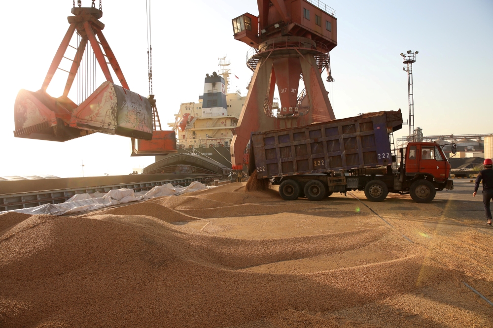 Workers transport imported soybeans at a port in Nantong, Jiangsu province, China April 9, 2018. Reuters