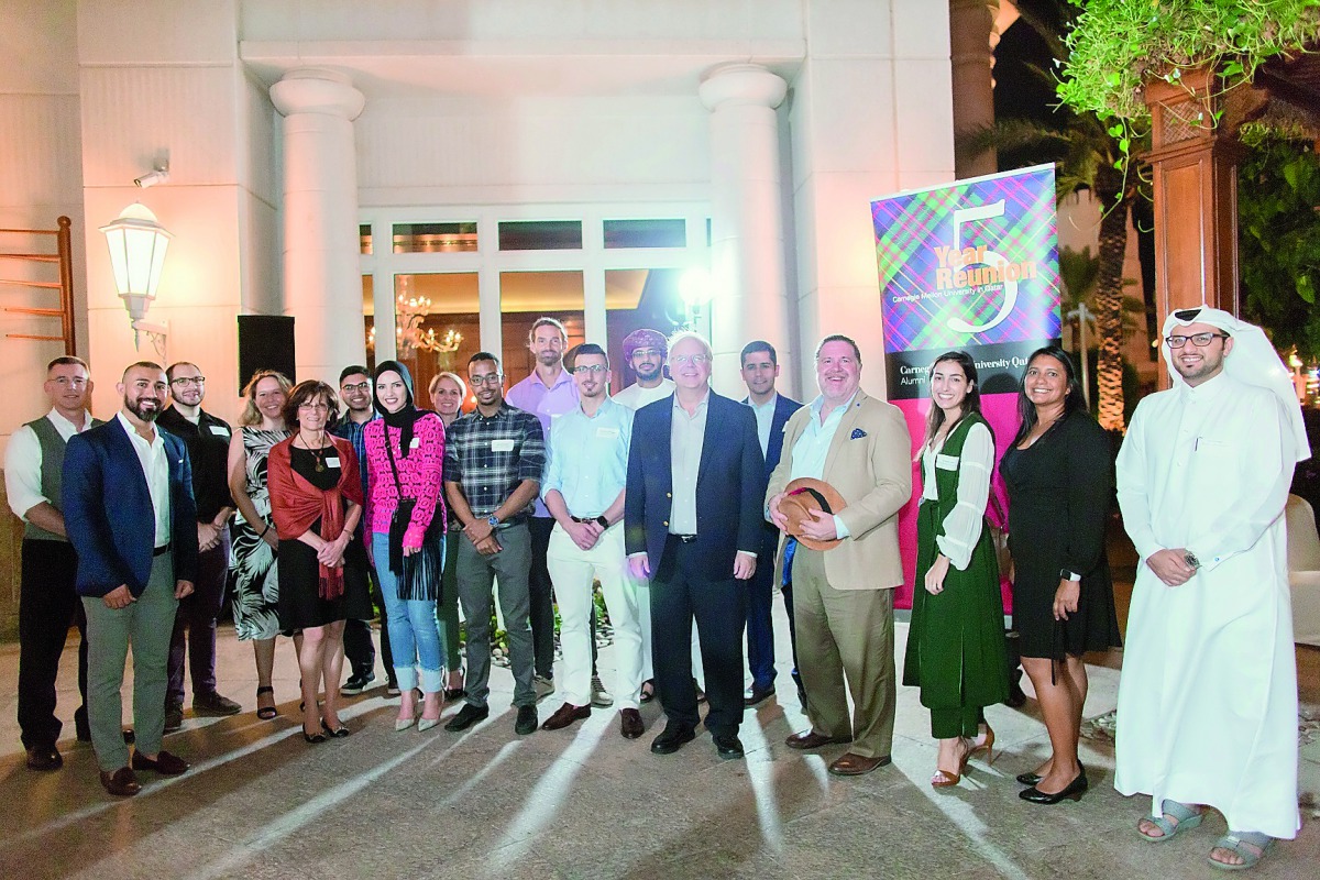 Business graduates of CMU-Q pose for a group photo on the eve of their five-year reunion.