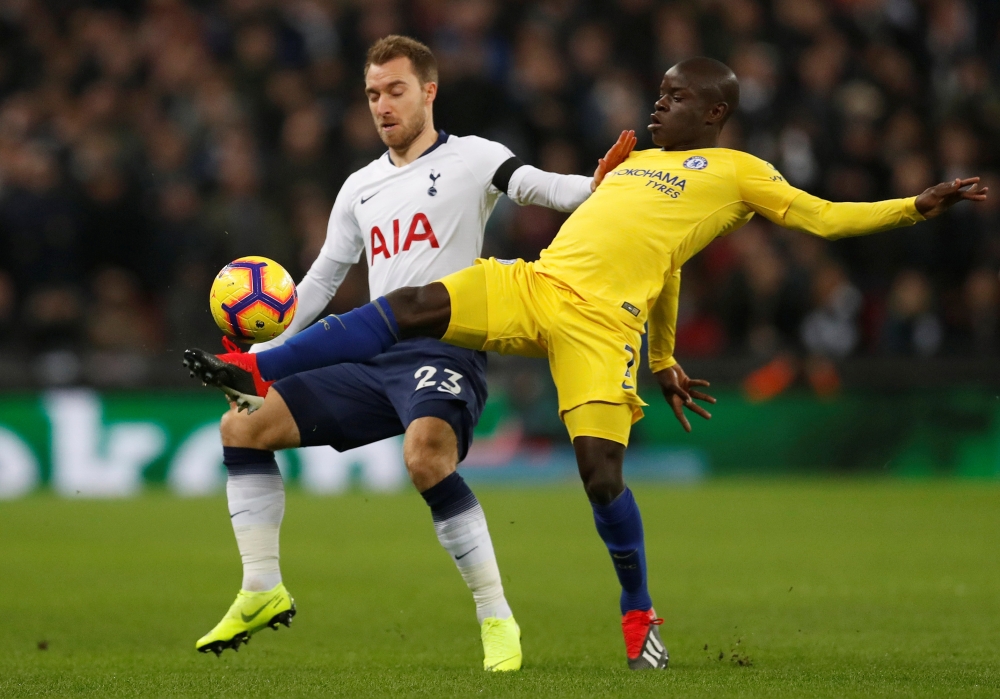 File photo of Tottenham's Christian Eriksen in action with Chelsea's N'Golo Kante (R), November 24, 2018. Action Images via Reuters/Matthew Childs 