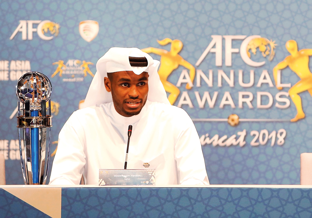 AFC Men’s Player of the Year Abdelkarim Hassan addressing the media during a press conference after receiving his award at the 2018 Asian Football Confederation (AFC) Annual Awards Ceremony in Muscat on Wednesday. 