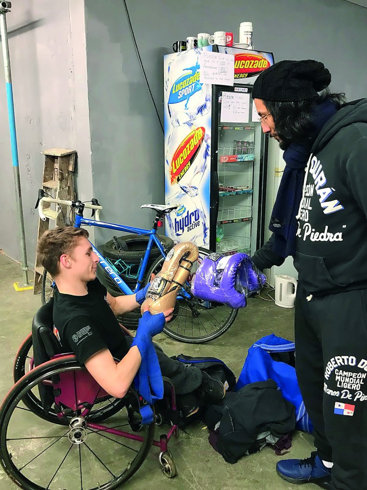Qatari boxer Fahad Thani (right) with Danny ‘the Hurricane’ Higgins, Britain’s wheelchair boxing star in Leicester City.