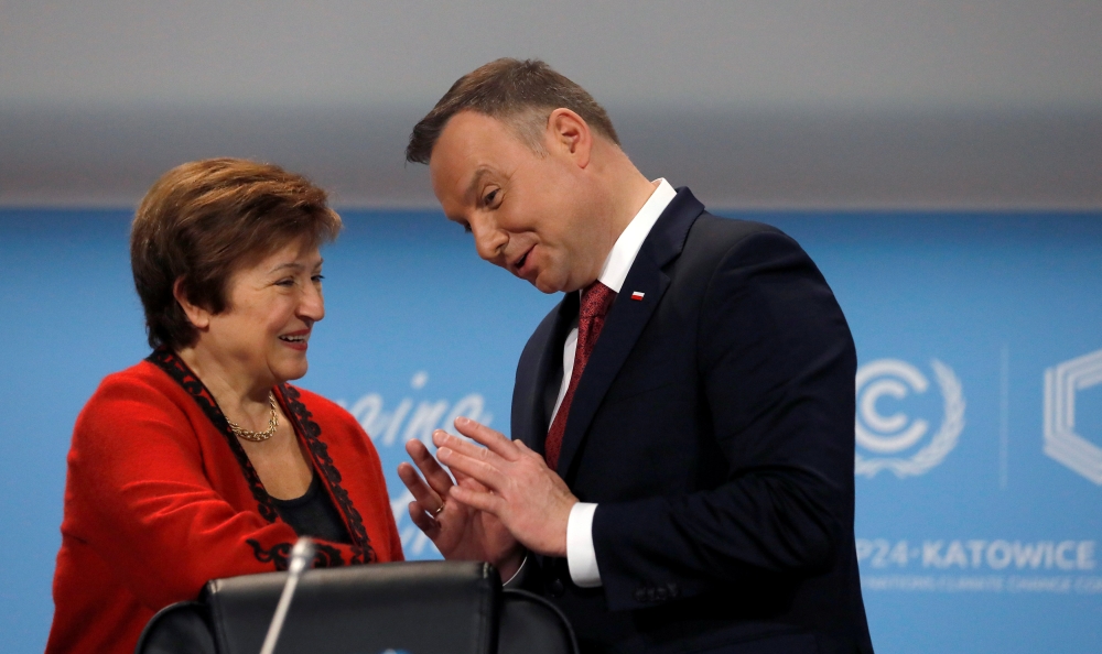 World Bank CEO Kristalina Georgieva talks with Polish President Andrzej Duda during the opening of COP24 UN Climate Change Conference 2018 in Katowice, Poland December 3, 2018. Reuters/Kacper Pempel
 