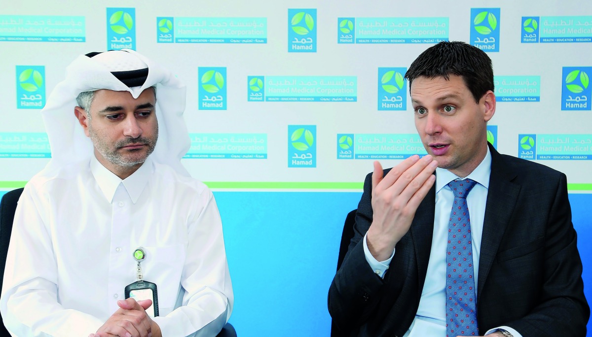 Ali Darwish, Assistant Executive Director of the Ambulance Service, HMC; and Brendon Morris, Executive Director of the Ambulance Service, while speaking to media yesterday. 