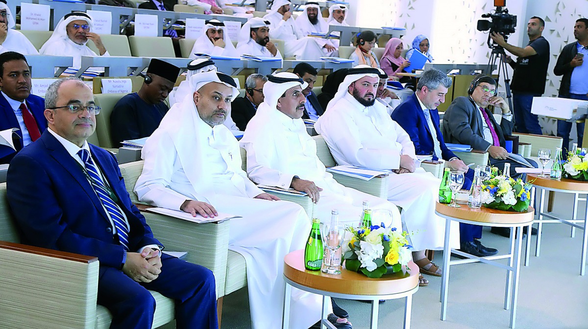 Qatar Central Bank Governor H E Sheikh Abdullah bin Saoud Al Thani (third left)  and other dignitaries at the opening session of the Global Conference on Awqaf, organised by the College of Islamic Studies (CIS) at Hamad Bin Khalifa University (HBKU) in Do