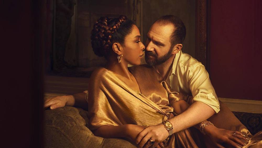 Sophie Okonedo and Ralph Fiennes play the lovers sundered by war and empire in William Shakespeare's tragedy, which is being broadcast live to movie theaters in Britain and internationally on Thursday as part of the NT Live series. (National Theatre photo