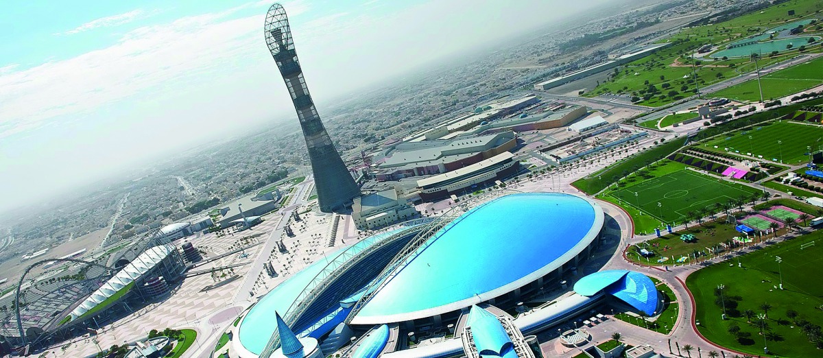 A bird’s-eye view of the Aspire Academy, the Torch Doha and the iconic Khalifa International Stadium in Doha.