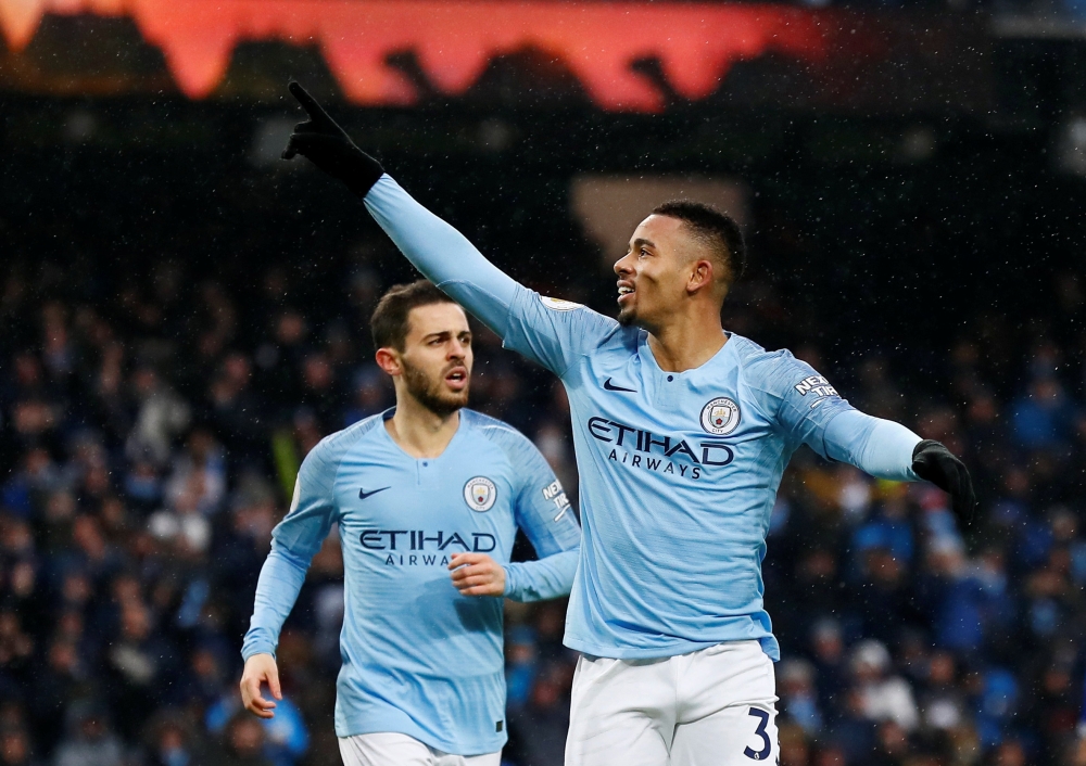 Manchester City's Gabriel Jesus celebrates scoring their second goal with Bernardo Silva, December 15, 2018. Action Images via Reuters/Jason Cairnduff