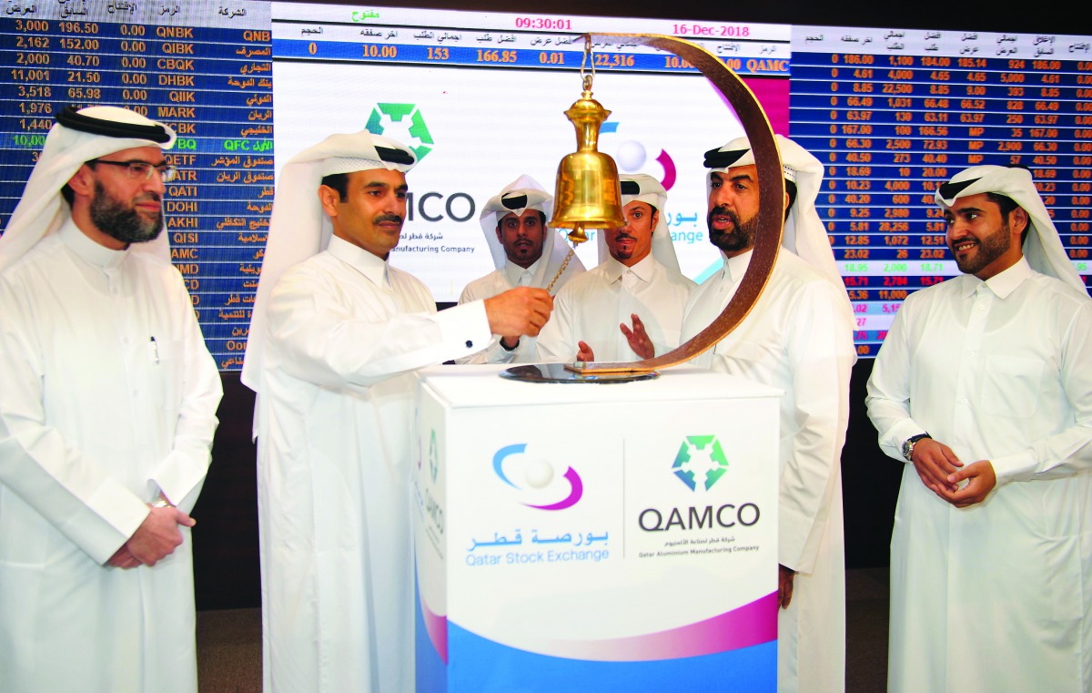 H E Saad bin Sherida Al Kaabi (second left), Minister of State for Energy Affairs and President and CEO of Qatar Petroleum; Rashid bin Ali Al Mansoori (second right), Qatar Exchange CEO; and Abdulrahman Ahmad Al Shaibi (left), Chairman, Board of Directors