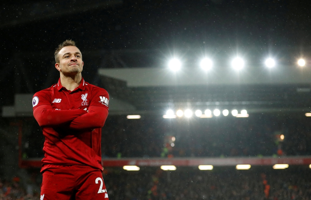 Liverpool's Xherdan Shaqiri celebrates scoring their second goal, December 16, 2018. REUTERS/Phil Noble