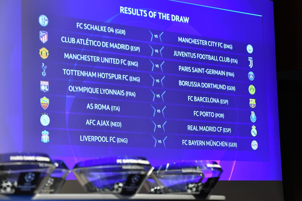 The screen showing the fixtures is displayed after the draw for the round of 16 of the UEFA Champions League football tournament at the UEFA headquarters in Nyon on December 17, 2018. / AFP / Fabrice COFFRINI