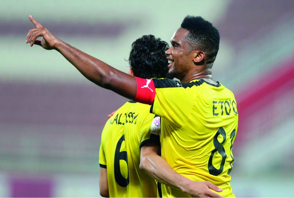 Qatar SC’s Samuel Eto’o celebrates after scoring a goal against Al Kharaitiyat yesterday