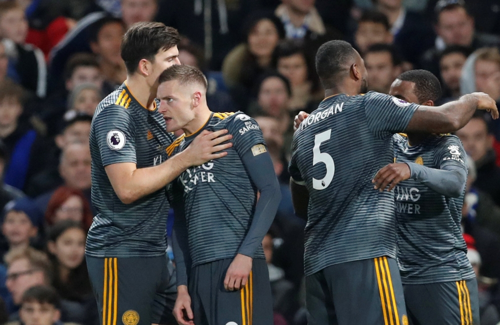 Leicester City's Jamie Vardy celebrates scoring their first goal with team mates Action Images via Reuters/Matthew Childs
