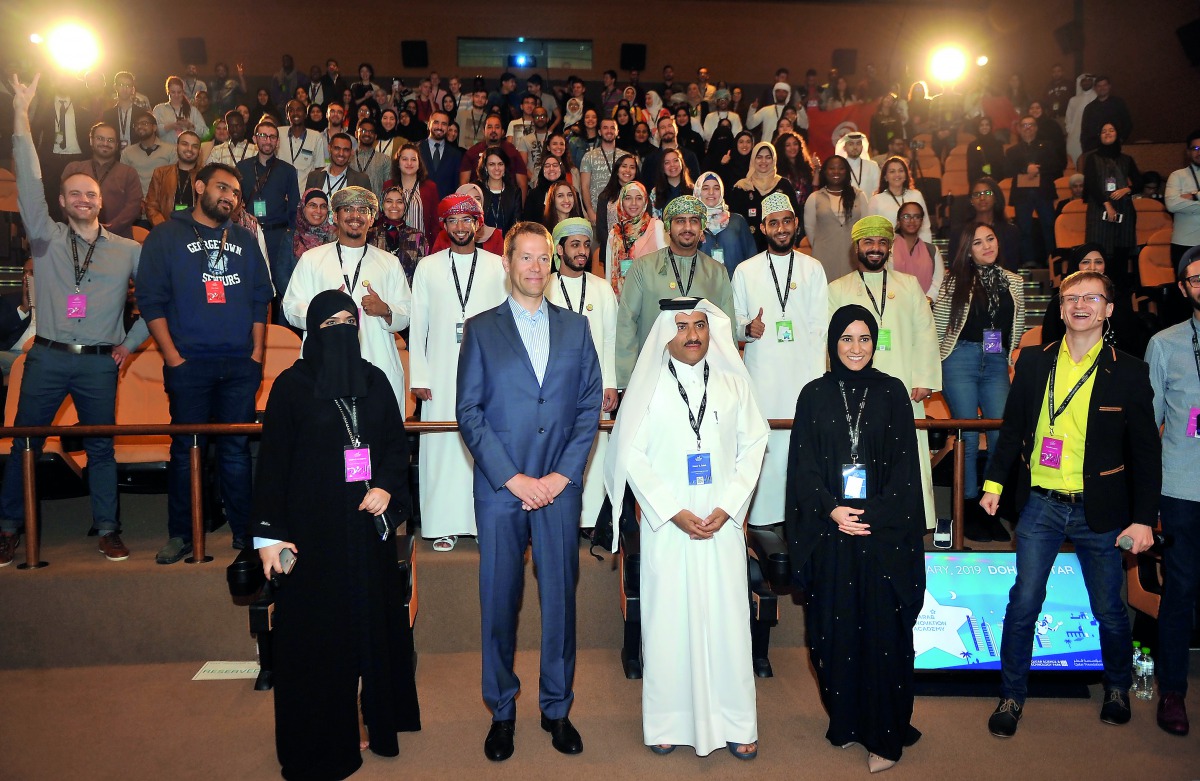 Hayfa A Al Abdullah, (second right),  Director, Innovation; Alar Kolk, (second left) President, EIA; Yosouf Saleh (third right), Executive Director, Arab Innovation; and Harald Lepisk (right) with students on the Opening of QSTP second edition of Arab Inn