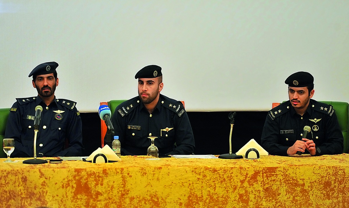 From Left: First Lt Nasser Saad Al Kaabi, Lt Saeed Khater Al Kuwari and Lt Mohamed Saeed Al Kaabi, during the First Safety and Security Awareness Seminar for Community Leaders and Representatives 2019 held at the Club Auditorium at Civil Defence Headquart