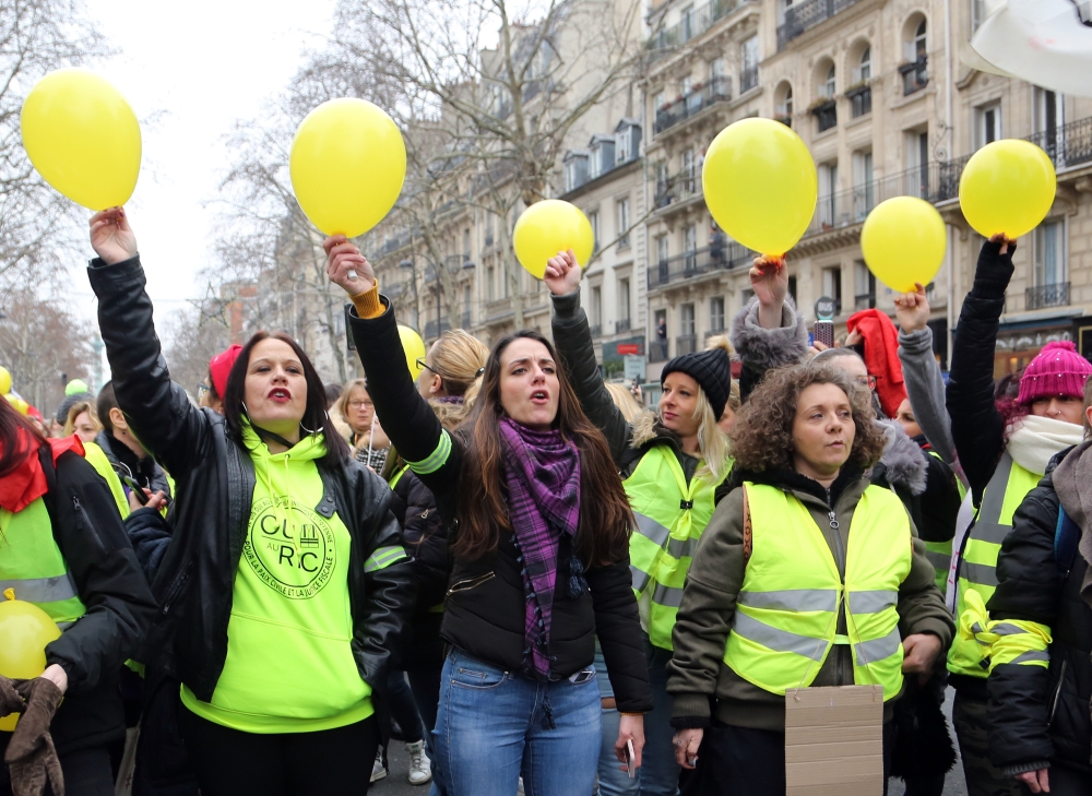 Women wearing Yellow vests (Femmes Gilets jaunes) protest French government against rising oil prices tax and deteriorating economic conditions near Place de la Bastille in Paris, France on January 06, 2019. Mustafa Yalç?n - Anadolu