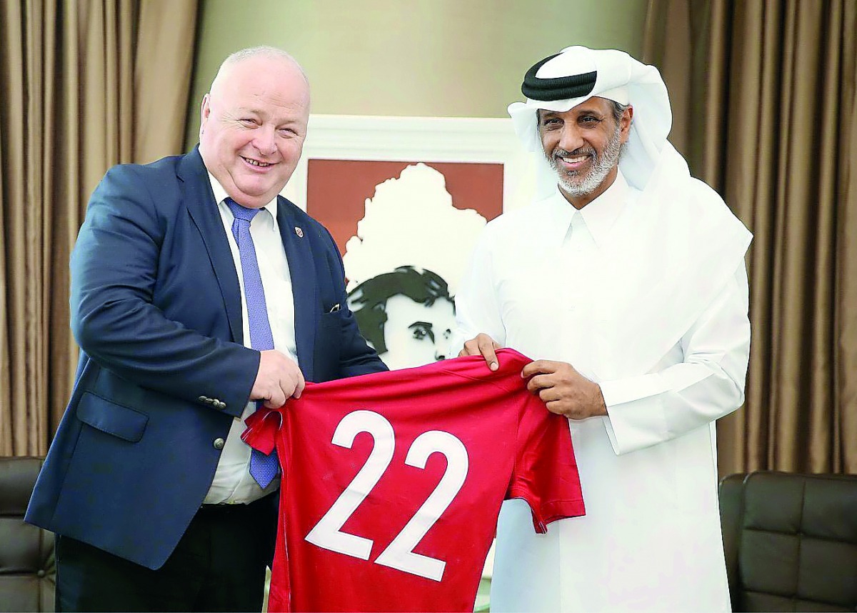 The President of the Qatar Football Association (QFA), Sheikh Hamad bin Khalifa bin Ahmed Al Thani receives the President of the Football Association of Norway, Terje Svendsen at Al Bidda Tower in Doha, yesterday.