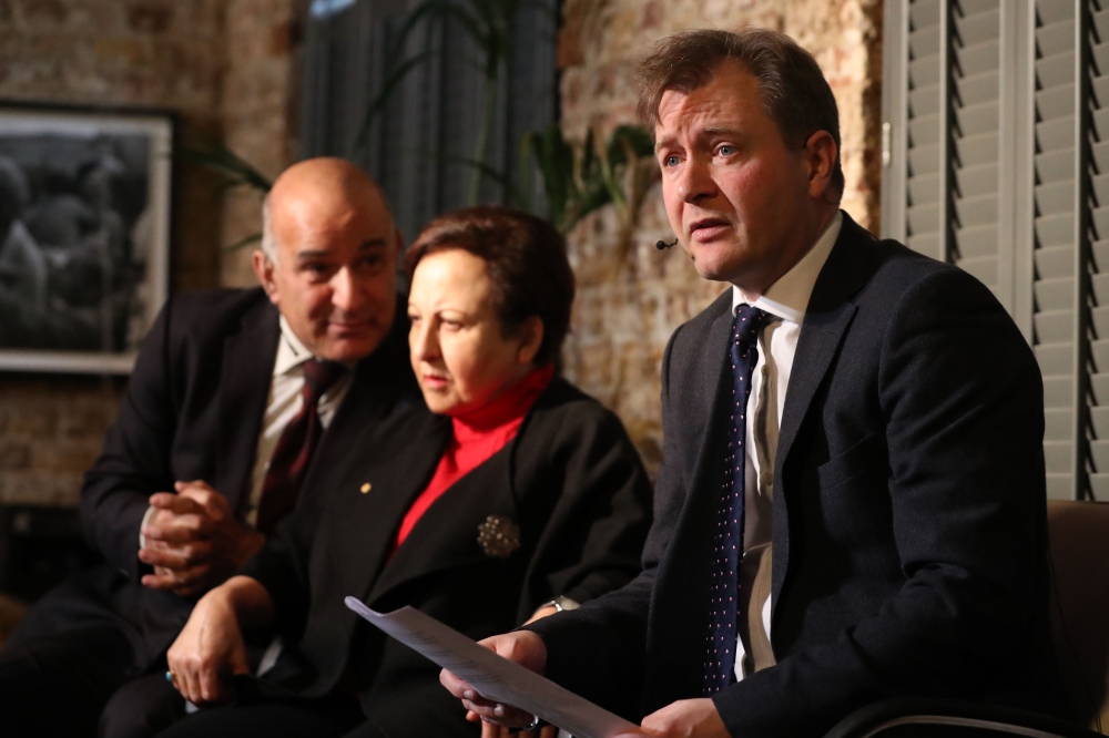 Richard Ratcliffe (R), husband of jailed British-Iranian Nazanin Zaghari-Ratcliffe and Nobel Laureate Iran's Shirin Ebadi (C) take part in a joint press conference in London to mark the start of Nazanin Zaghari-Ratcliffe's hunger strike in Tehran's Evin p