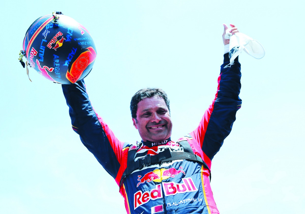 Qatar’s Toyota Gazoo driver Nasser Al Attiyah celebrates after winning the Dakar Rally 2019, yesterday. 