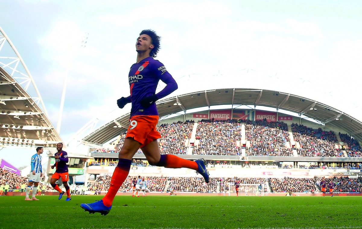 Manchester City's Leroy Sane celebrates scoring their third goal. Premier League, Huddersfield Town v Manchester City,  John Smith's Stadium, Huddersfield, Britain,  January 20, 2019. Action Images via Reuters/Carl Recine 