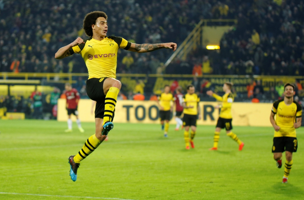 Borussia Dortmund's Axel Witsel celebrates scoring their fifth goal REUTERS/Leon Kuegeler