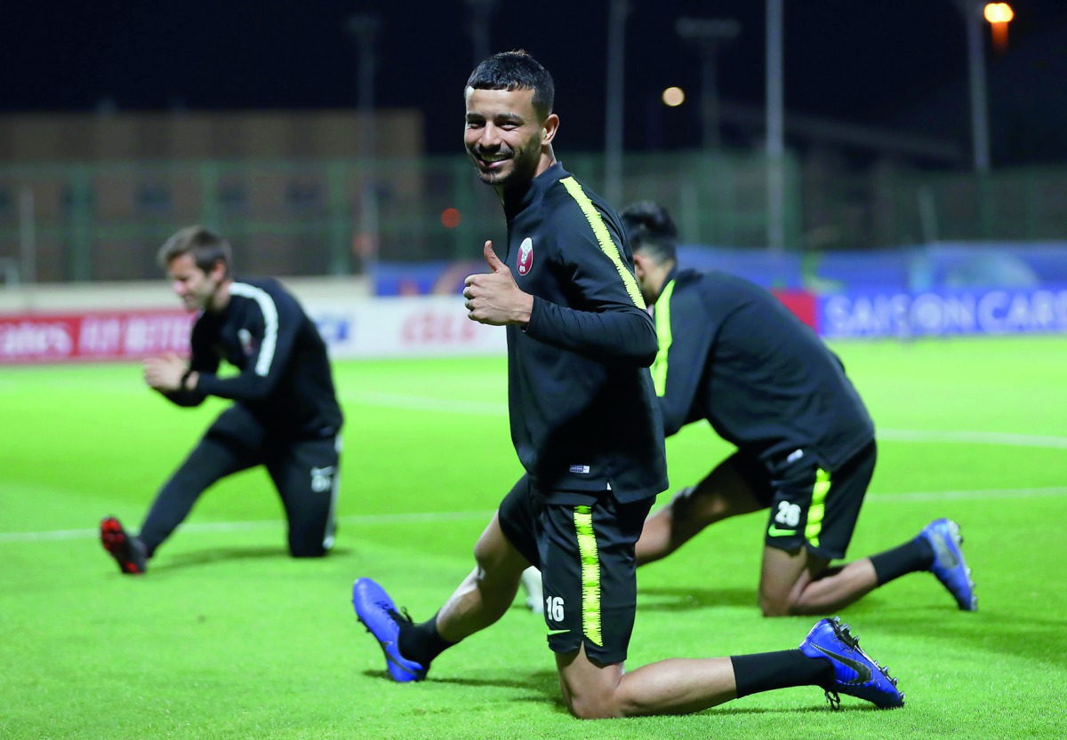 Qatar’s Boualem Khoukhi during a practice session in UAE yesterday.