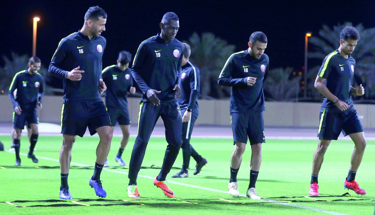 Qatar’s players during a practice session in UAE yesterday ahead of the Asian Cup semi-final against UAE tomorrow.