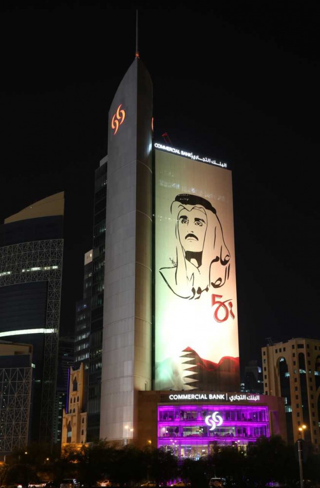 A night view of Commercial Bank headquarters.