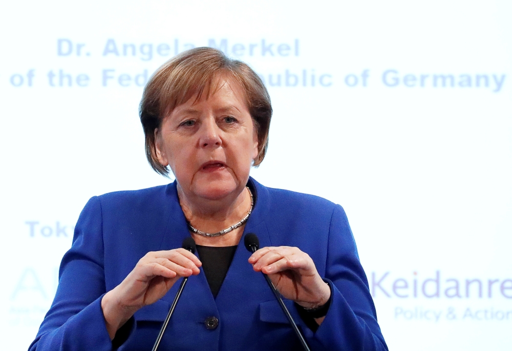 German Chancellor Angela Merkel delivers a speech at the German-Japanese Dialogue Forum in Tokyo, Japan February 5, 2019. REUTERS/Issei Kato