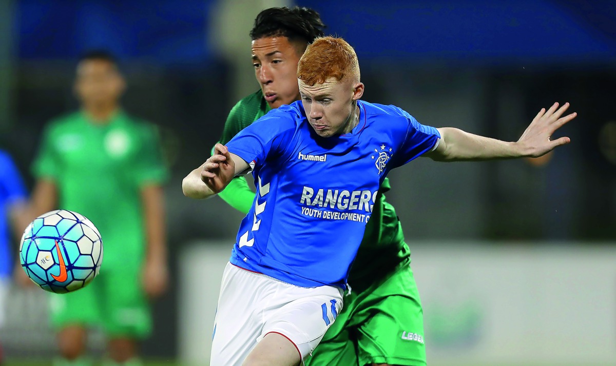 Action from the Al Kass International Cup match between Glasgow Rangers and Raja Casablanca at Aspire Academy, yesterday. 