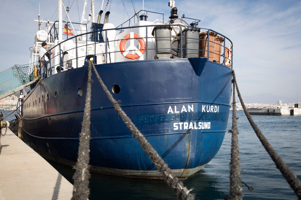 The Sea-Eye rescue ship named after Alan Kurdi during its inauguration in Palma de Mallorca on February 10, 2019.   AFP / JAIME REINA
