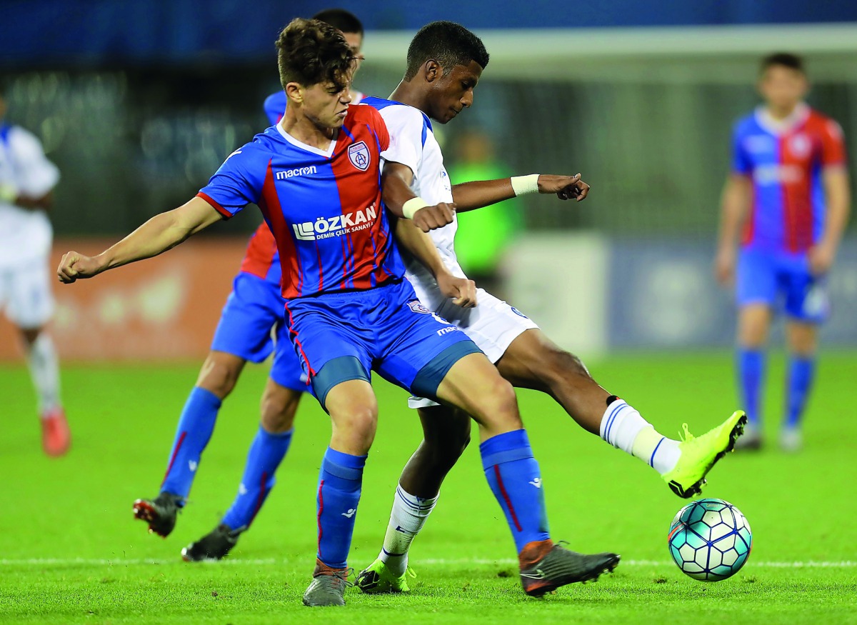 The players of Aspire Academy and Turkish side Altinordu vie for ball possession during the Al Kass Cup in Doha yesterday.