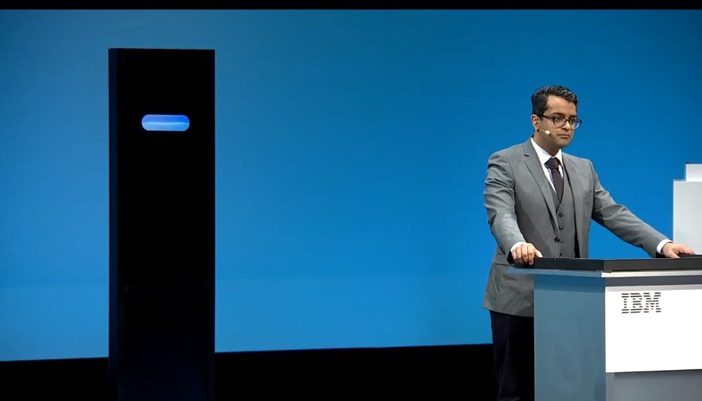 Project debater on stage with Harish Natarajan. Credit: Twitter 