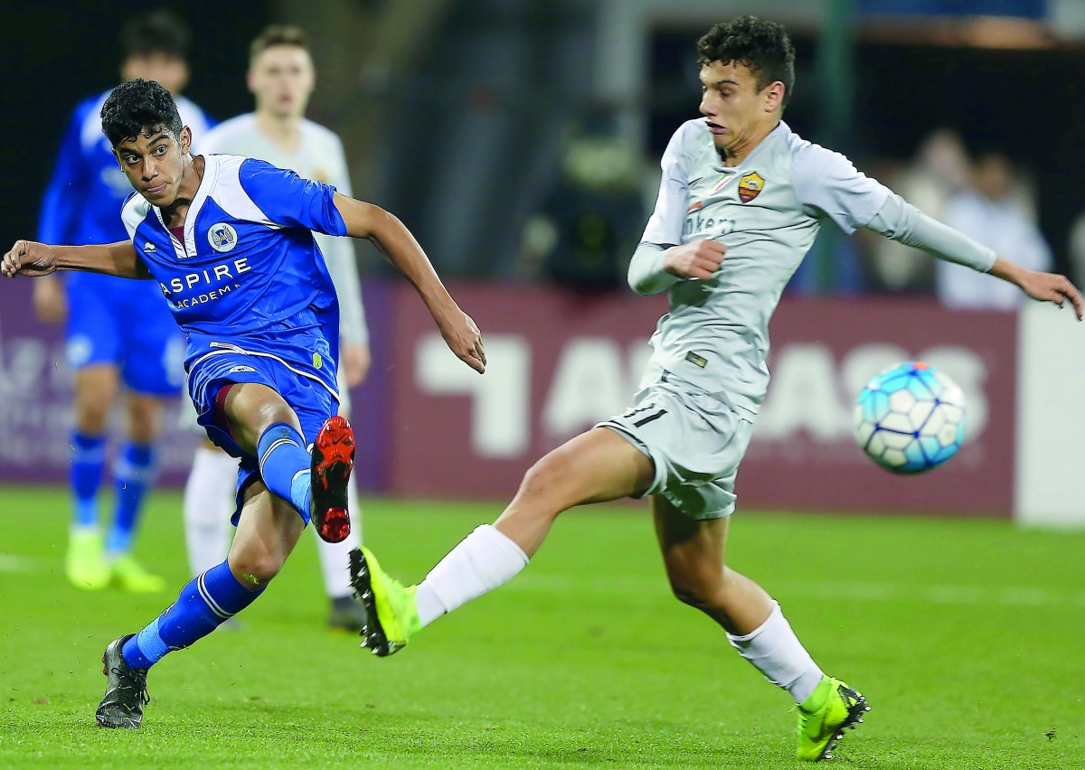 Action during the semi-final of the Al Kass Cup between Aspire and Roma, played at the Aspire Academy training ground in Doha, yesterday. 
