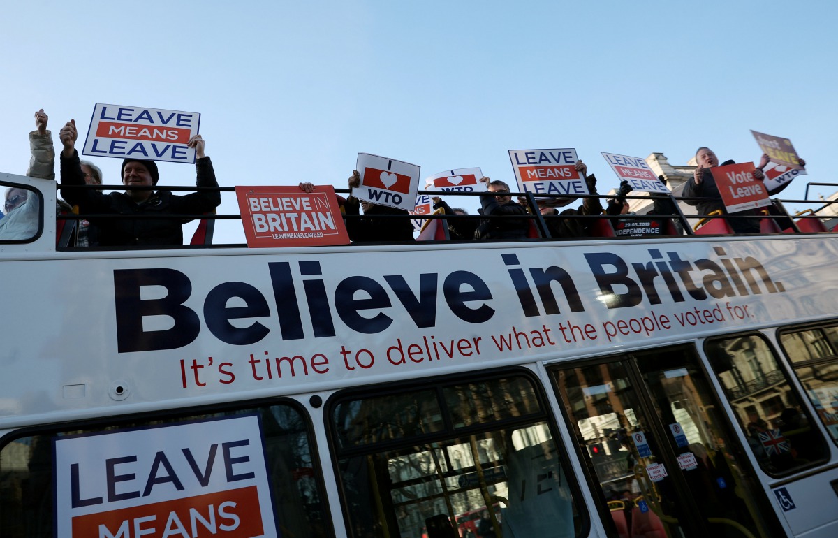 Pro-Brexit demonstrators protest outside the Houses of Parliament, in Westminster, London, Britain, February 14, 2019. Reuters/Hannah McKay