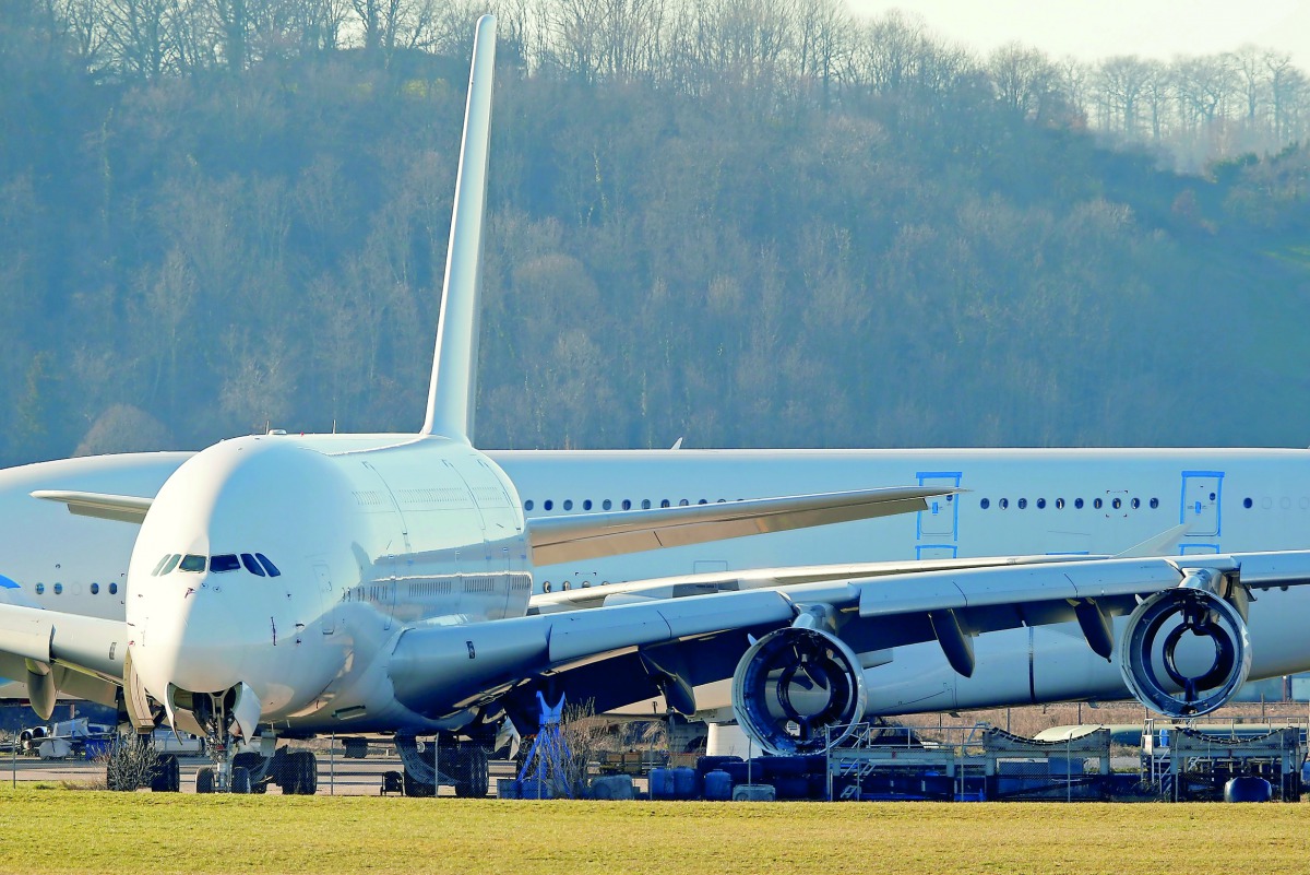 An A380 Airbus superjumbo sits on the tarmac where it is dismantled at the site of French recycling and storage aerospace company Tarmac Aerosave in Tarbes, southwest France, February 14, 2019. Reuters/Regis Duvignau 
