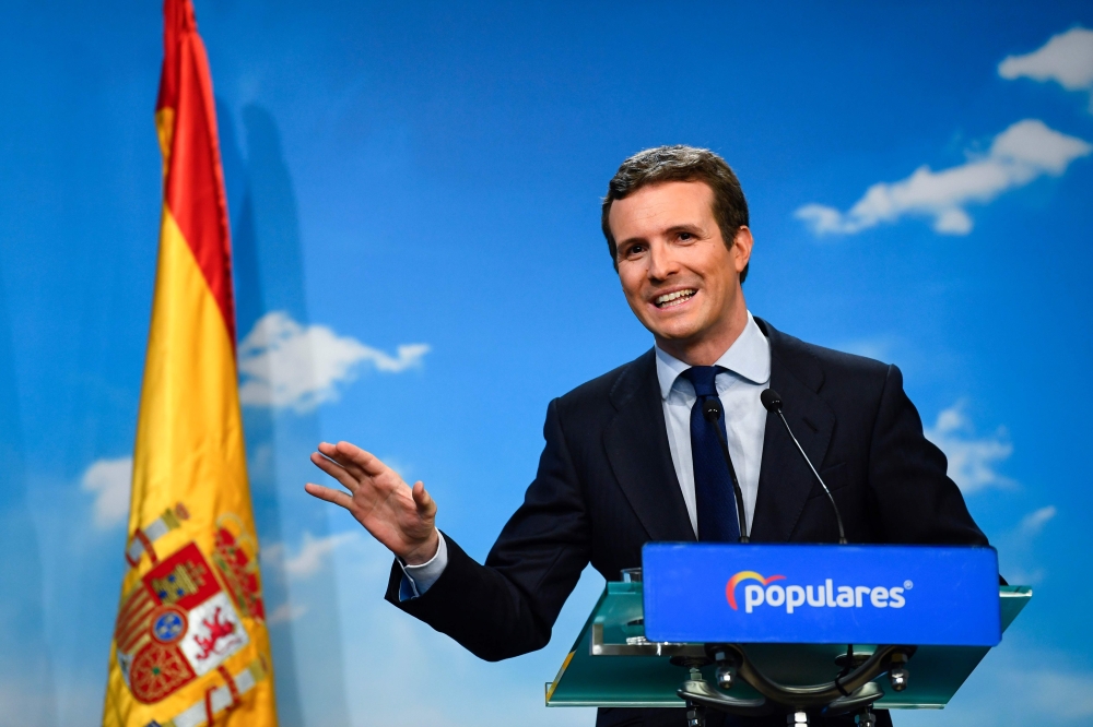 Spanish People's Party (PP) president Pablo Casado holds a press conference at the PP headquarters in Madrid on February 15, 2019.  AFP / Gabriel Bouys 