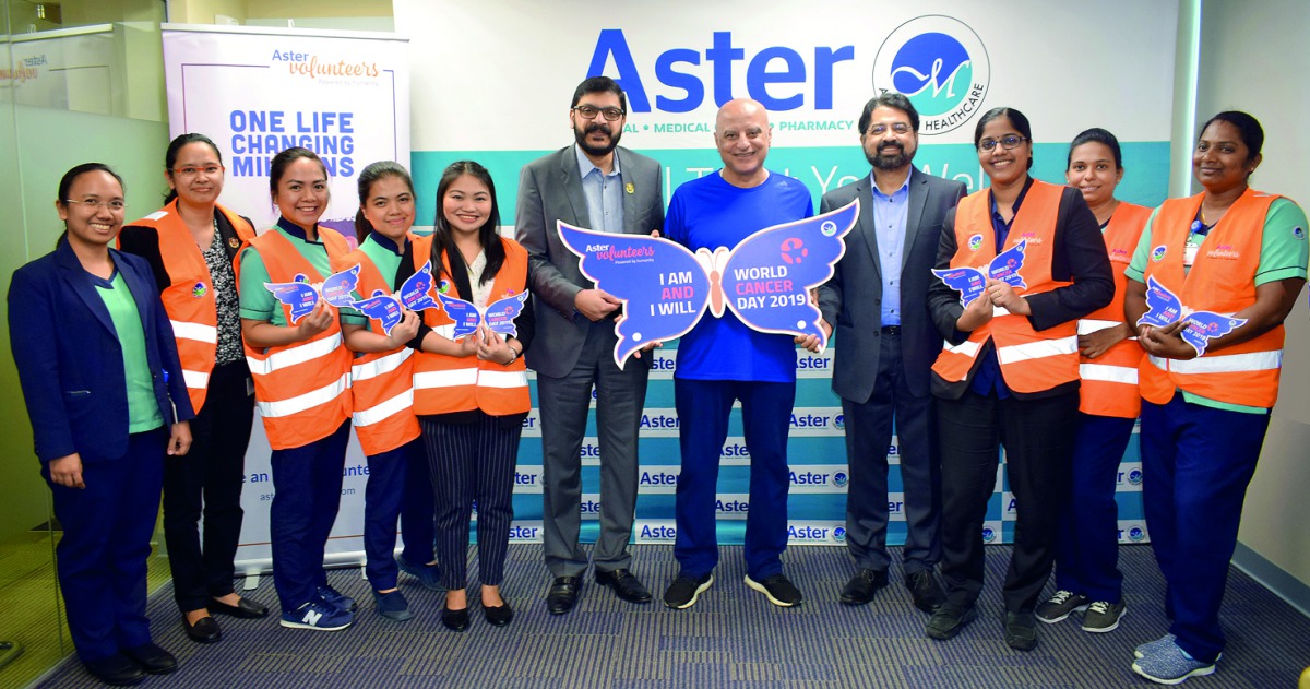 Dr. Sameer Moopan launching the campaign along with Mohamed Shaban, Dr Raghu K Hiremagalur and Aster volunteers at Aster Hospital recently.