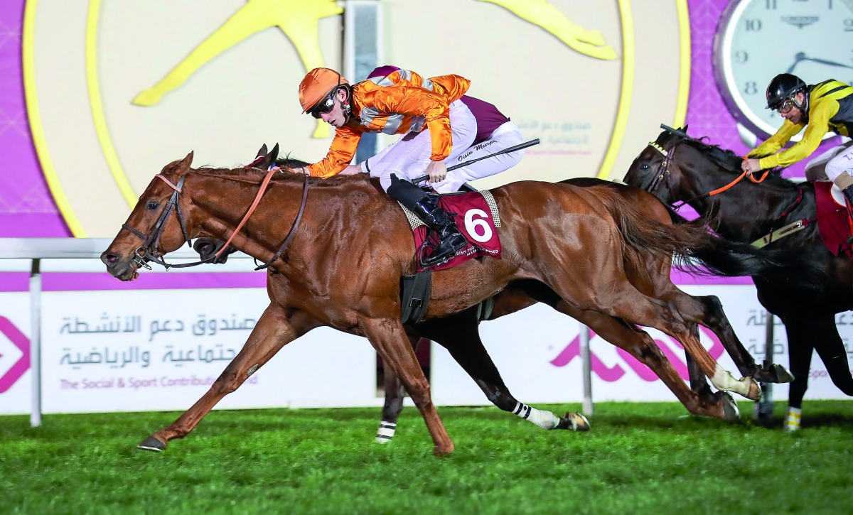 Jockey Pierre-Charles Boudot guiding Marianafoot to victory during the Irish Thoroughbred Marketing Cup (Qa Gr 2) event.
