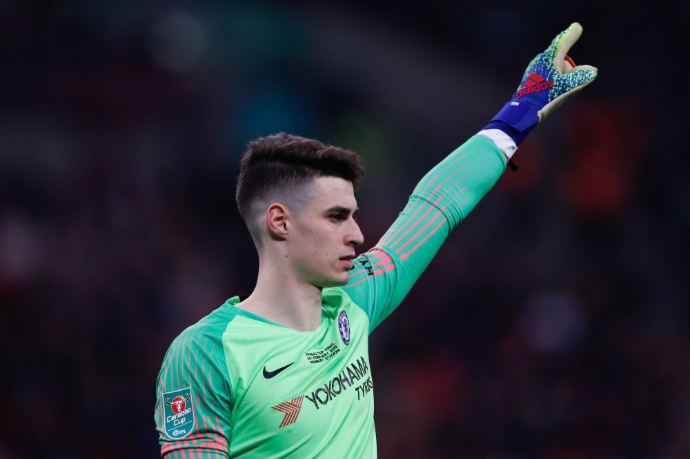 Chelsea's Spanish goalkeeper Kepa Arrizabalaga gestures during the English League Cup final football match between Manchester City and Chelsea at Wembley stadium in north London on February 24, 2019.  AFP / Adrian Dennis 